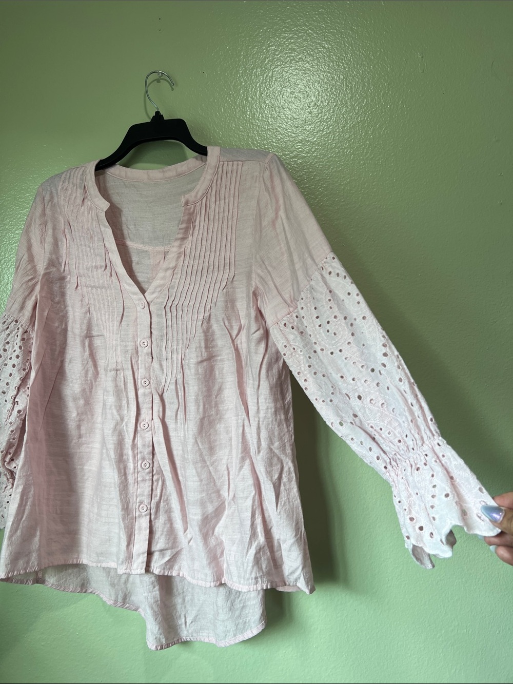 Light Pink Women's Button-Front Eyelet Sleeve Top